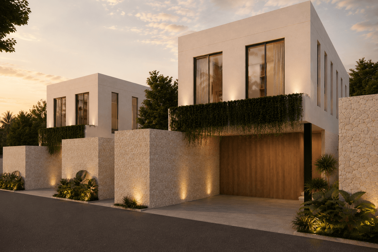 Santara Residences exterior street view at golden hour