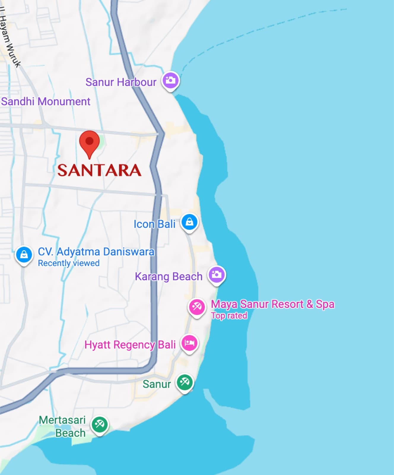 Map of Sanur showing Santara's location near the beach