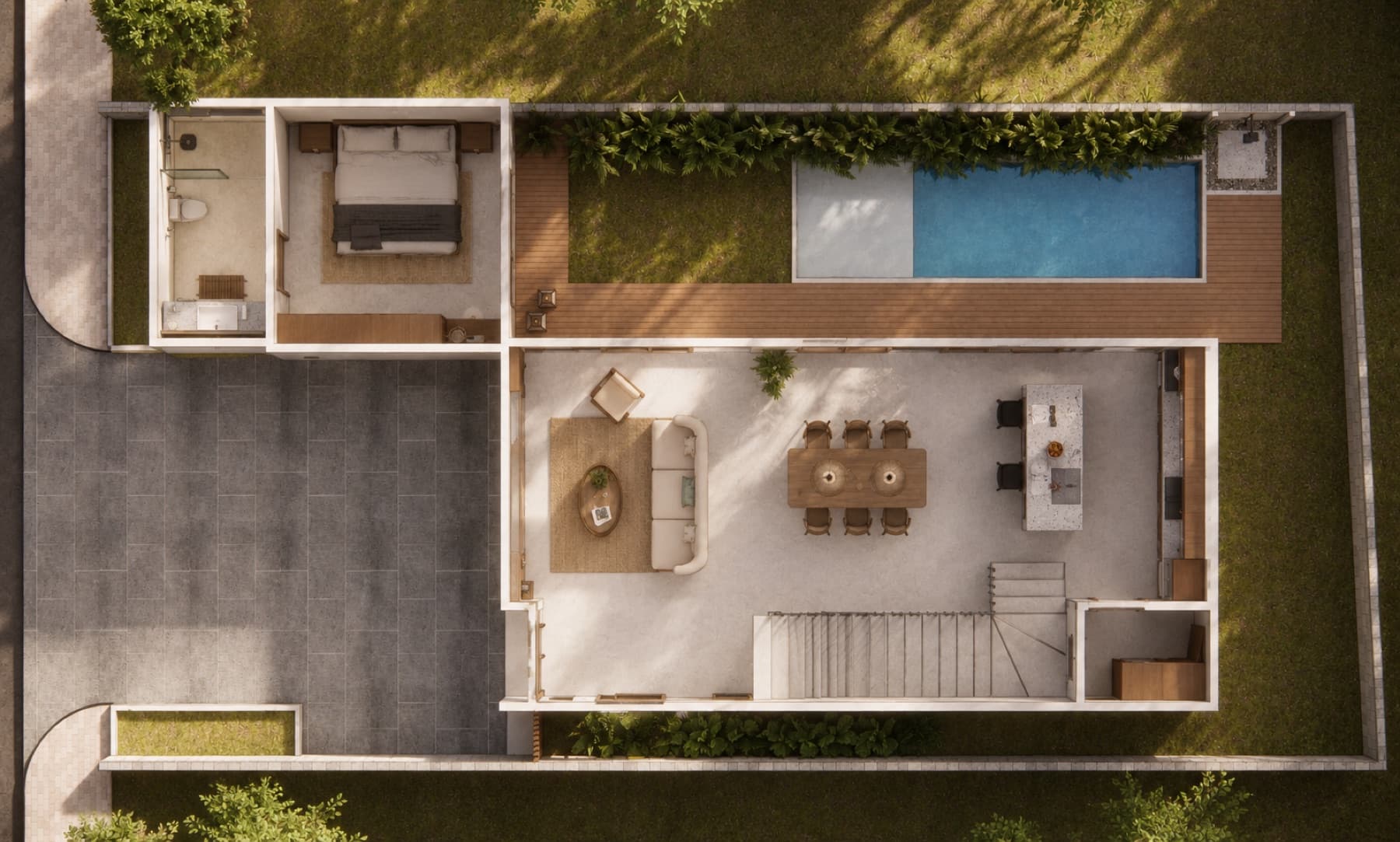 Ground floor · living, kitchen, guest and pool deck